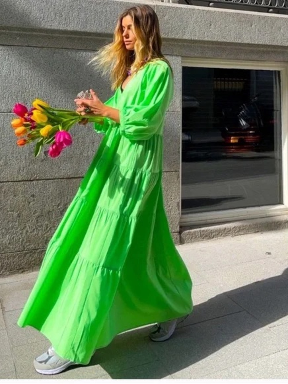 Zara Neon Green Tiered Maxi Dress